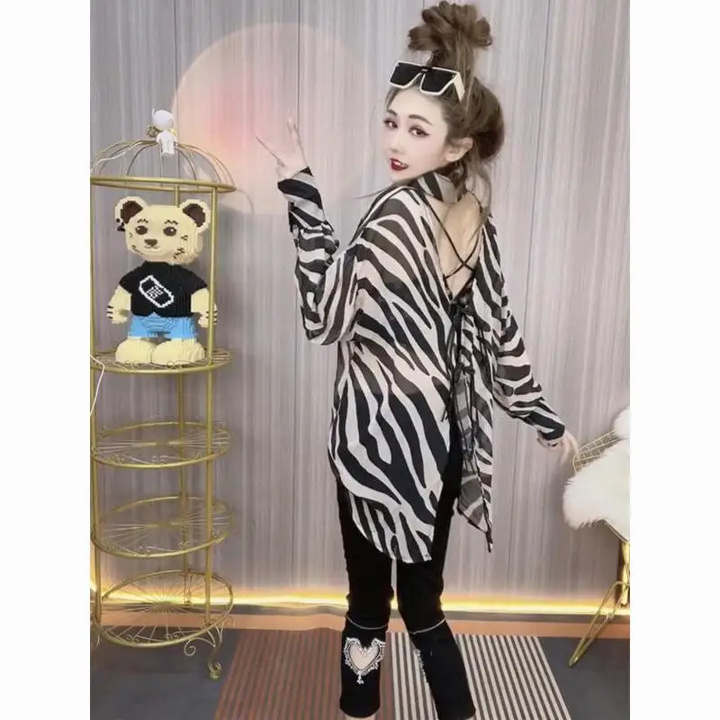 2024 Summer Women Fashion Leopard Shirt Sexy Perspective Shirts Tops Half High Collar Slim Long-sleeved Chiffon Shirt  Z920