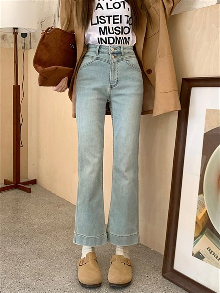 

Women's High Waisted Light Blue Micro Flared Jeans Young Girl Ankle-length Denim Trousers Vintage Bottoms Female Cropped Pants