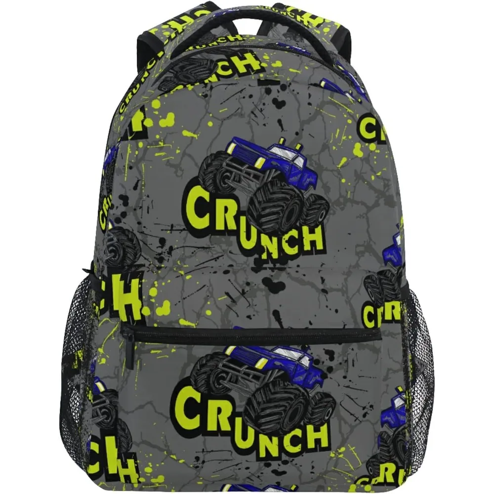 حقيبة ظهر رمادية مزدوجة - كتف بأنماط شاحنة زرقاء ونصوص "CRUNCH" صفراء، وجيوب شبكية جانبية، مثالية للأطفال والخارج