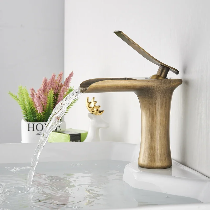 Basin Faucets Waterfall Bathroom Faucet Single handle Basin Mixer Tap Bath Antique Brass Faucet Sink Water Crane Silver Taps