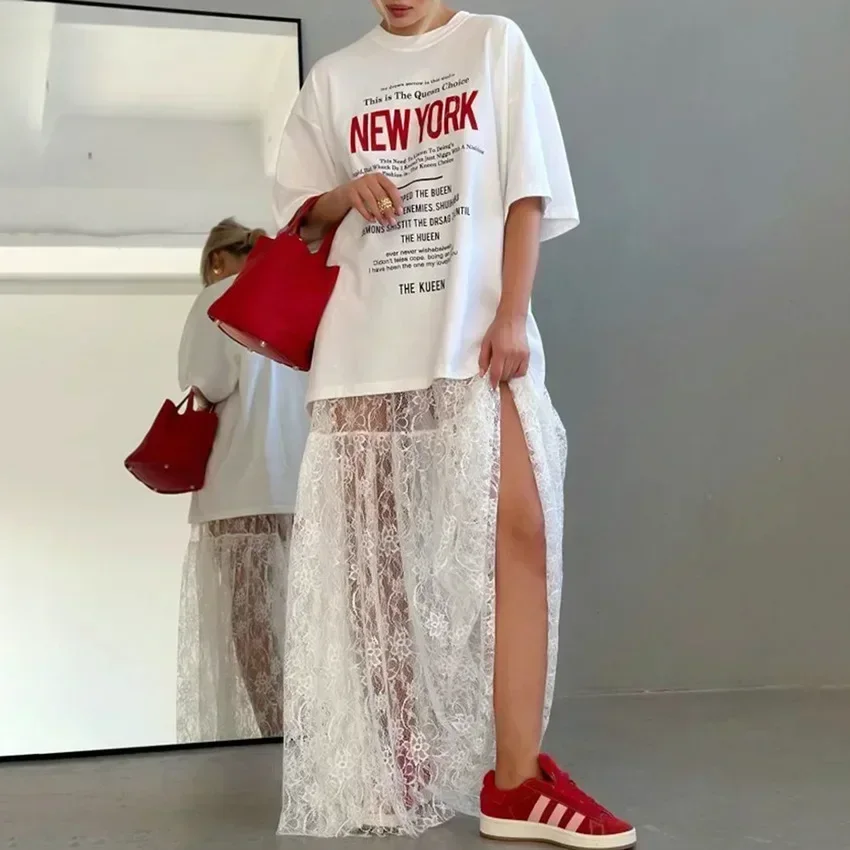 Lace Jacquard Transperant Skirt Women Summer New High Waist Sexy Casual Long Skirts 2024 Streetwear Fashion White Maxi Skirt