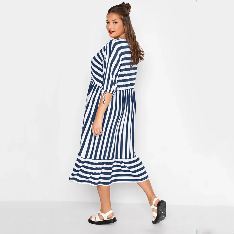 Plus Size Summer Elegant Striped Smock Dress Women Loose 3/4 Tie Sleeve Frill Hem Party Dress Casual Midi Maxi Tiered Dress 8XL