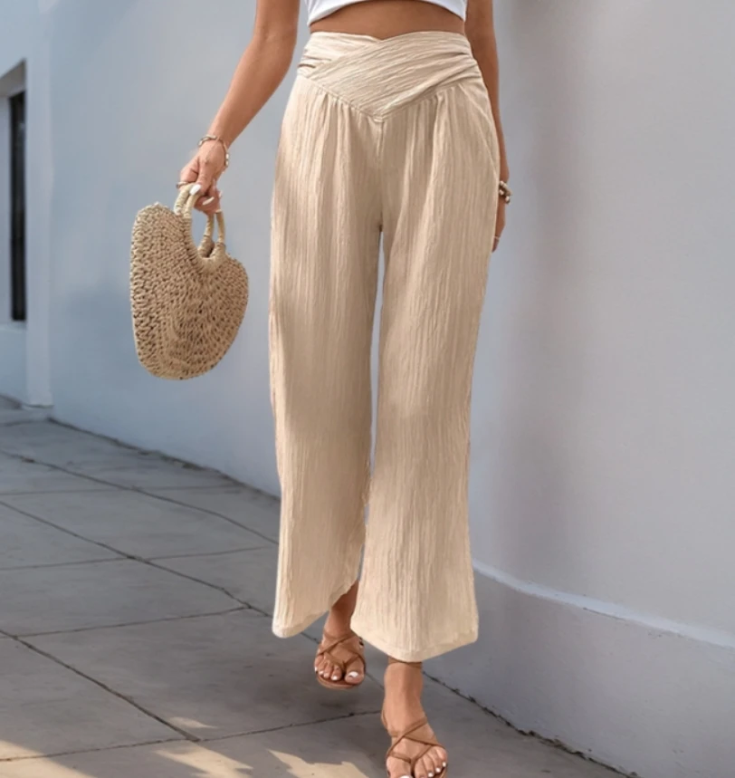 Solid color nine point high waisted wide leg pants