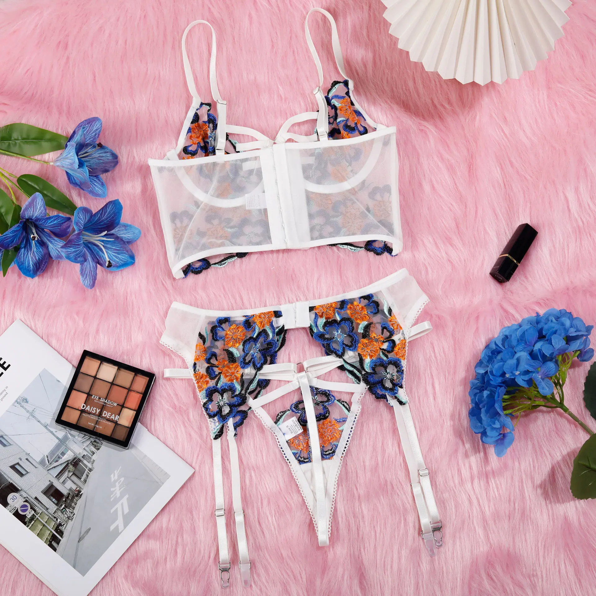 2025 new European and American AliExpress mesh perspective embroidery garter belt sexy underwear four-piece set of fun set 2120