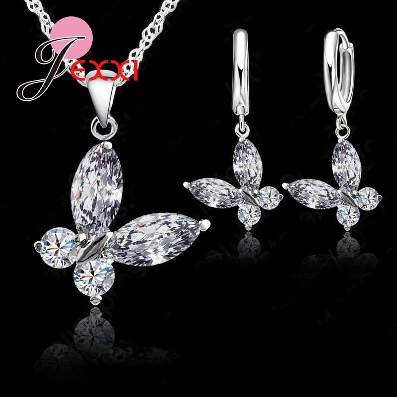 Transporte rápido 925 prata esterlina cristal borboleta moda pingente colar brincos conjunto de jóias para mulheres casamento bijoux