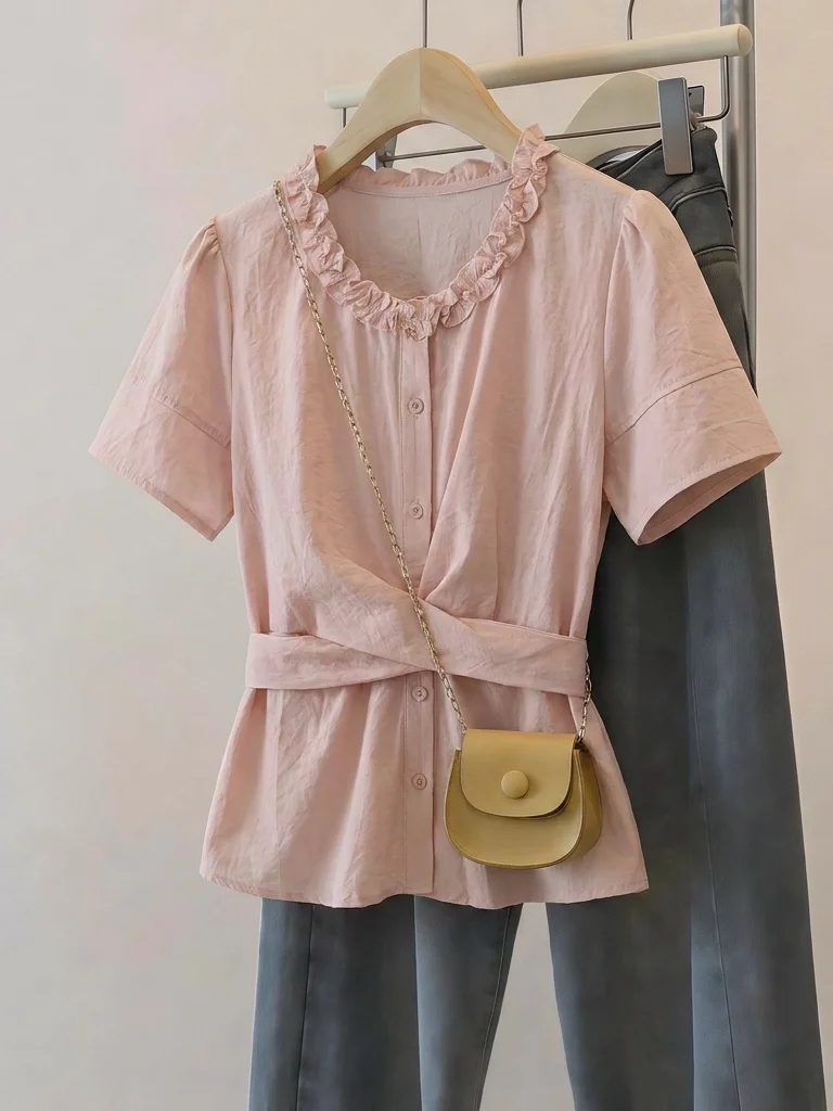 

Pink Lace Shoulder Short Sleeve Shirt Women's Summer New plus Size Beautiful Small Shirt Waist Inward Top Korean Style Commute