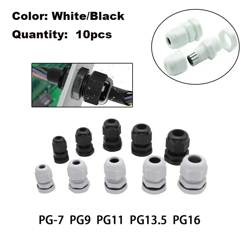 

10pcs IP68 PG7-PG16 Cable Cord Gland Joints White/Black Nylon Plastic Junction Box Connectors Cord Grips Gaskets and Locknut