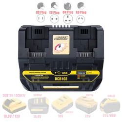 Ładowarka DCB102 Rapid 2 Port przesuwny 4A prąd ładowania USB 2A DCB200 DCB140 dla Dewalt 10.8V 14.4V 18V 20V 60V bateria litowa