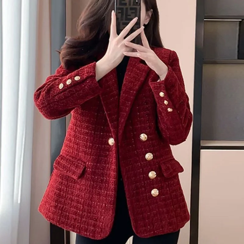 

Women Fashion Double Breasted Plaid Blazer Coat Vintage Long Sleeve Flap Female Outerwear Chic Vestes Femme Office Ladies Jacket