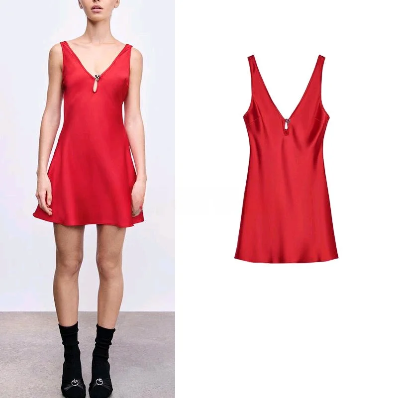 Wiosenna Nowa Damska Bluzka z Dekoltem w Serek, Ozdobiona Czerwonym Sercem, z Jedwabiu Satynowego, z Wysokim Stanem, Krój A-line, Letnia