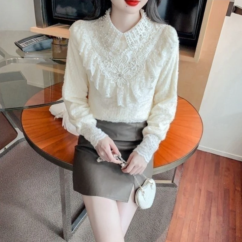 French Style Women Lace Blouse Thick Fleece Lined Long Sleeve Shirt Autumn Winter Warm Top Beaded Ruffle Semi High Collar