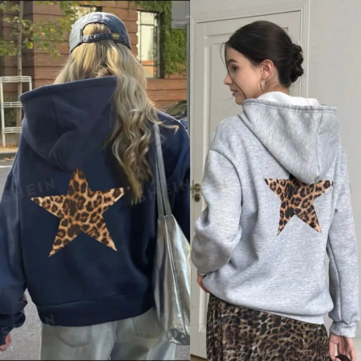 2025 Women Oversized Fleece Hoodies Female Long Sleeve Hooded Sweatshirt with Pentagram & Leopard Print Casual Loose Pullover