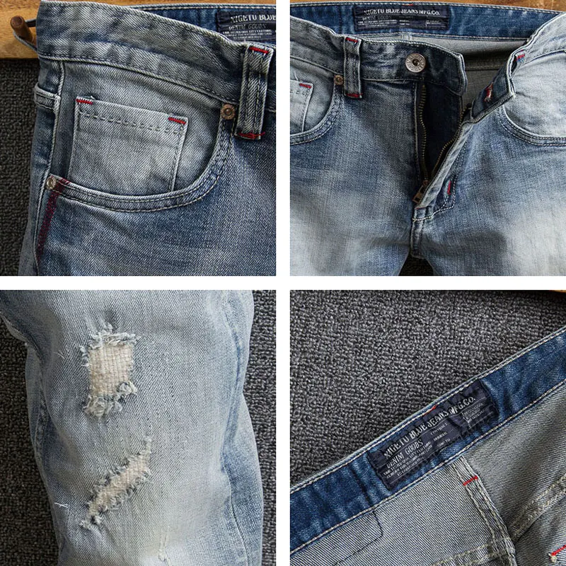 Italian Style Fashion Men Jeans Retro Light Blue Ripped Jeans Men Elastic Patched Designer Slim Fit Vintage Denim Pants Hombre