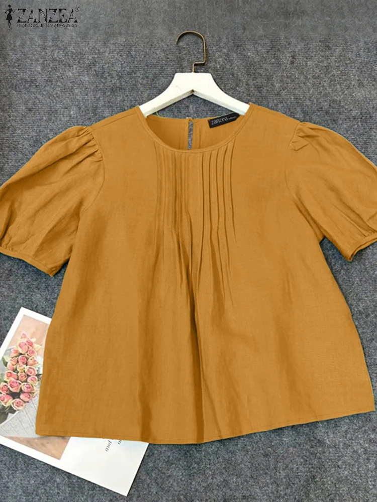 ZANZEA Blusas de lino y algodón de verano para Mujer, Blusas a la moda con babero plisado y cuello redondo, Blusas de manga corta abombada para Mujer, camisa de Color sólido para todos los días