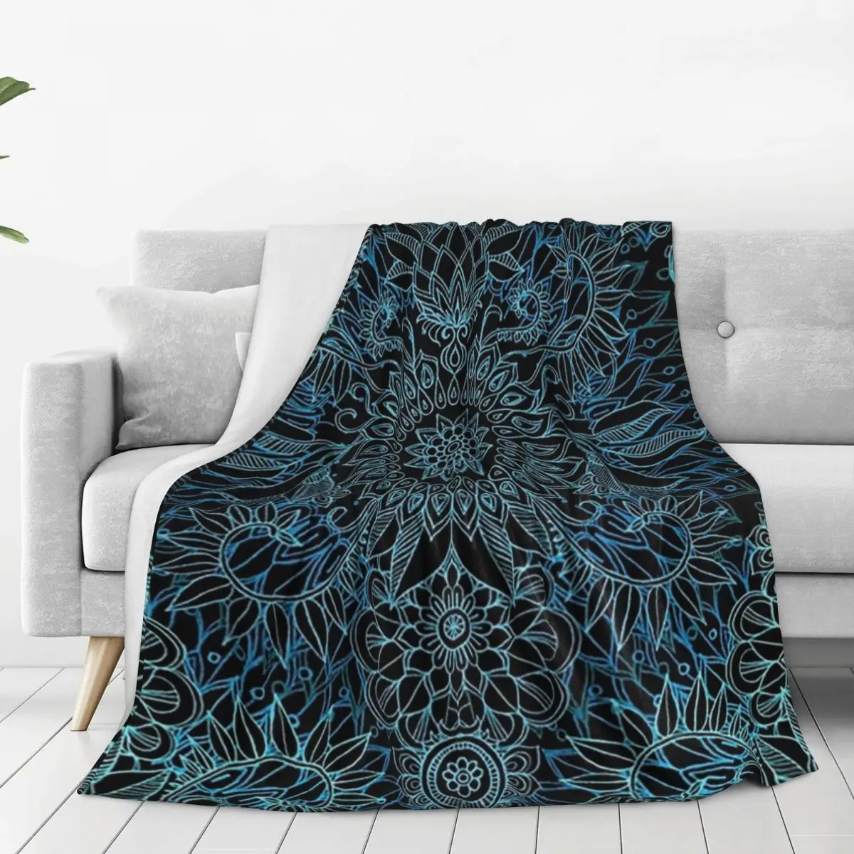 Black, Teal And Aqua Protea Doodle Pattern Blanket Fleece Warm Throw Blankets Sofa For Home Bedroom Office Throws Bedspread