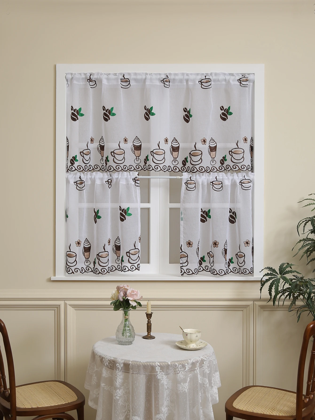 1PC Coffee Bean Embroidery Short Curtain, Coffee Shop Living Room Tulle Window Decorative Short Curtains Small Curtains