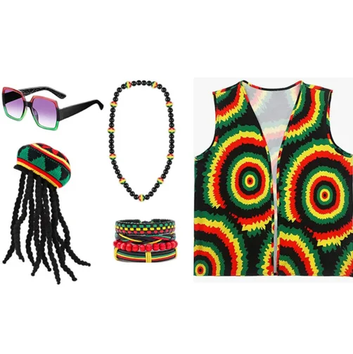 

Фестивальный унисекс-комплект: вязаная шапка-бини в стиле раста (джамайский боб), кепка в стиле хип-хоп, мужской костюм, ретро-браслет, ожерелье, одежда, очки