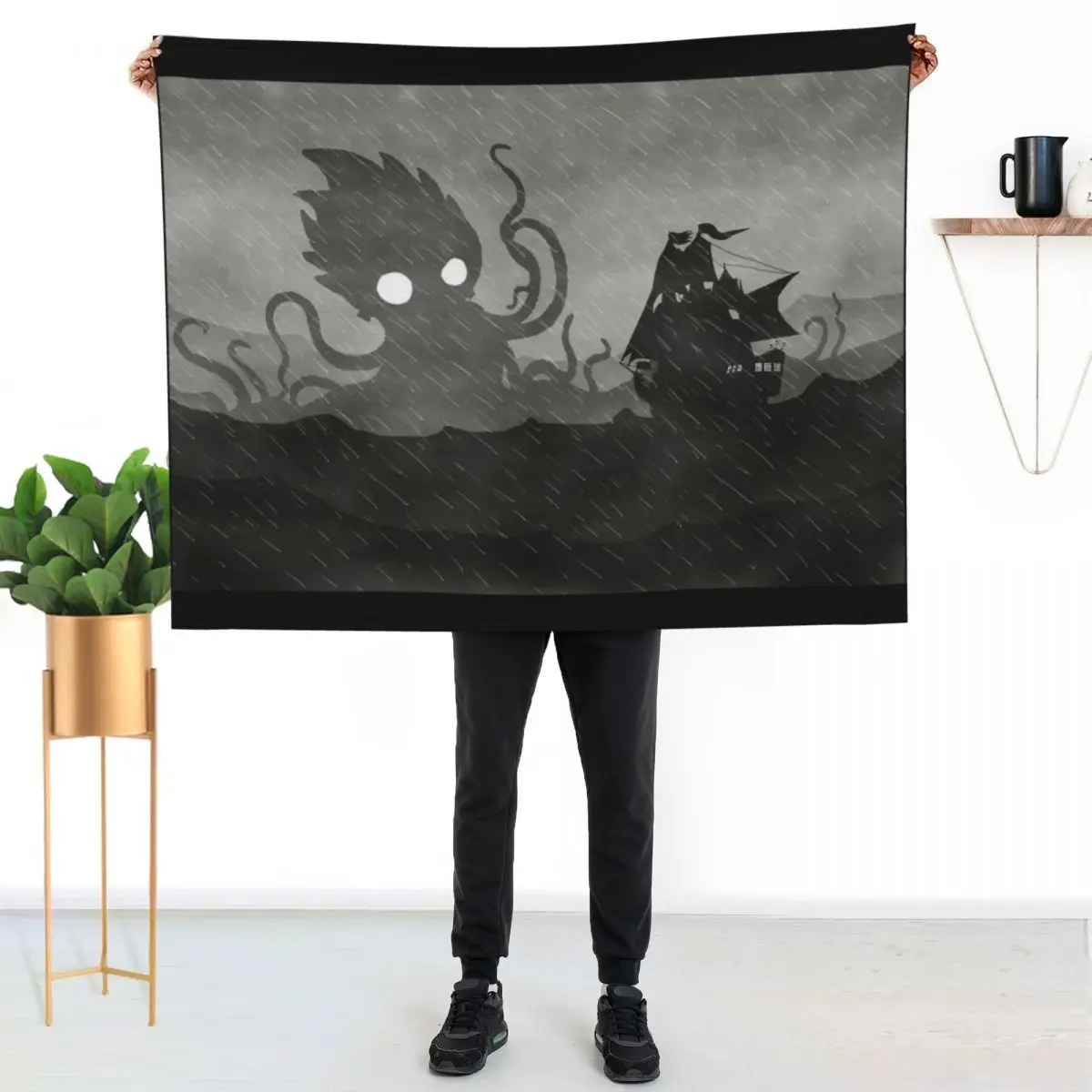 

Rainy Ship & Kraken Throw Blanket Lightweight Cozy Blanket for Bed Sofa