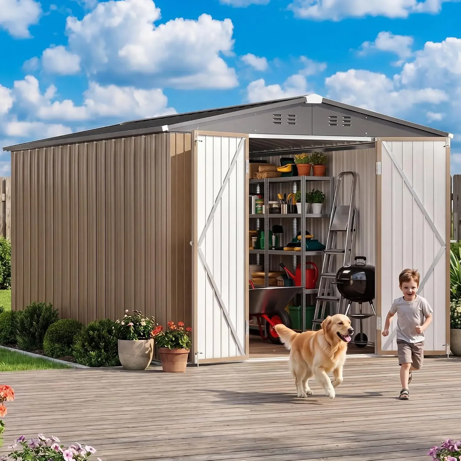 8x12 FT Heavy-Duty Metal Outdoor Storage Shed, Light Brown, Customized