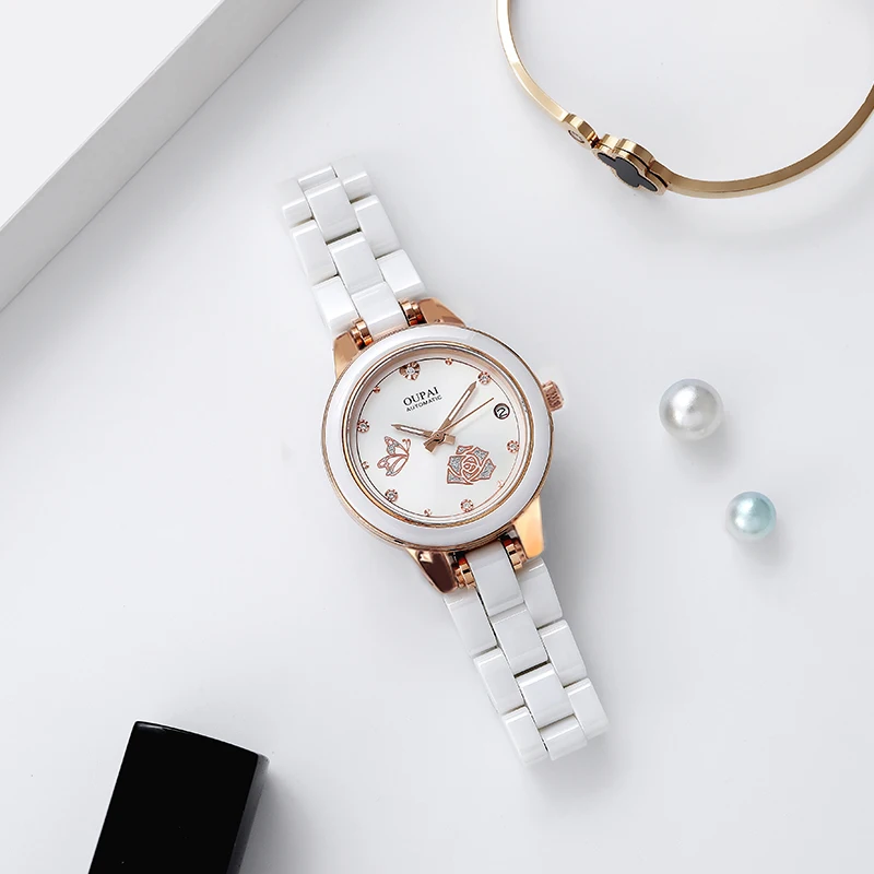 OUPAI round dial ceramic watch, women's  rhinestone scale, exquisite temperament, women's watch, calendar, fashion and casual