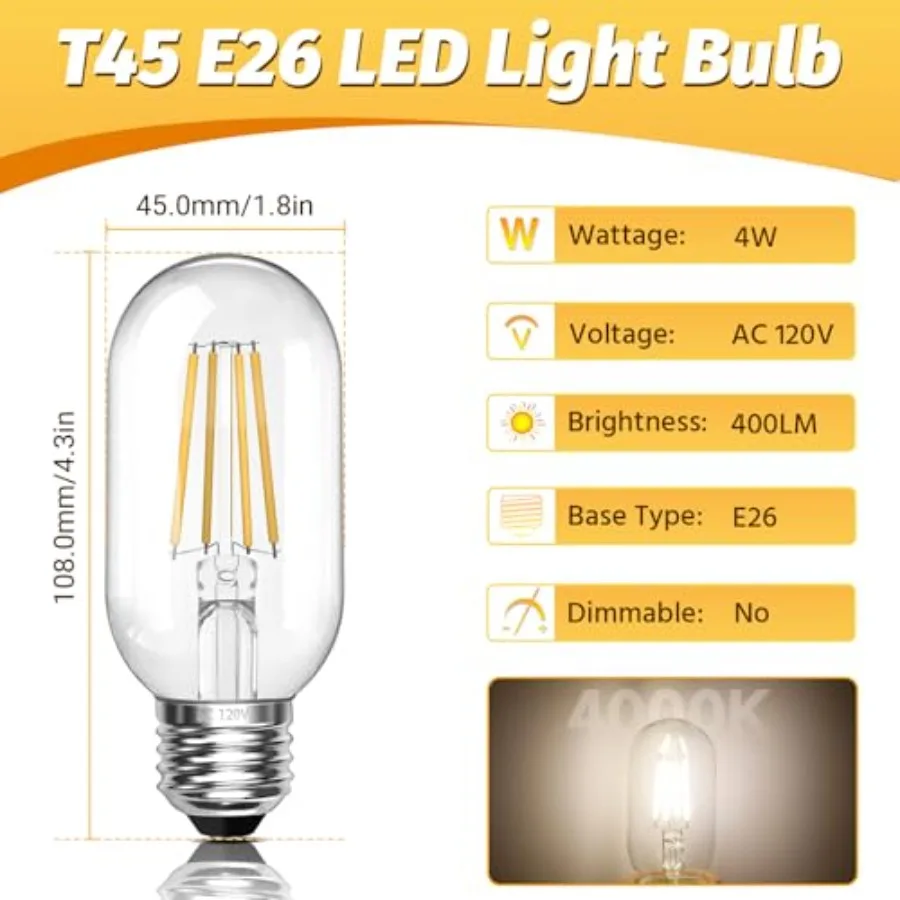 Edison Bulbs 4W Vintage 40 Watt Light Bulbs E26 Led Bulb 4000K Natural Light CRI90 T45 Antique LED Bulb Clear Glass 400 Lumens