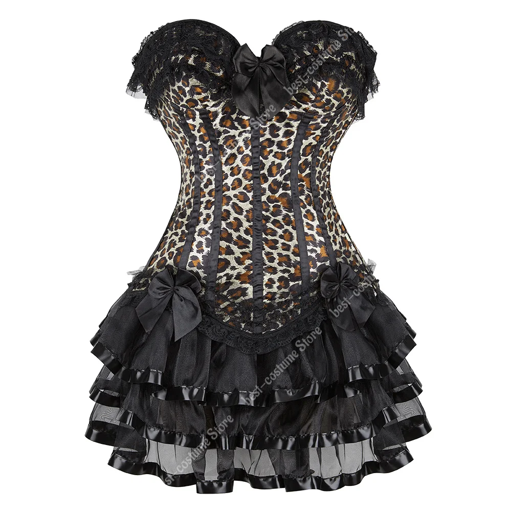 Burlesque Corset Dress for Women Leopard Print Corset Bustier Top Sexy Lace Corset Lingerie Dress Vintage Leopard Outfits