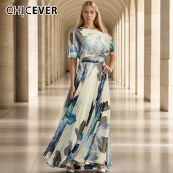 CHICEVER Printing Long Dresses For Women Diagonal Collar Off One Shoulder Spliced Folds Casual Holiday Dress Female Clothes New