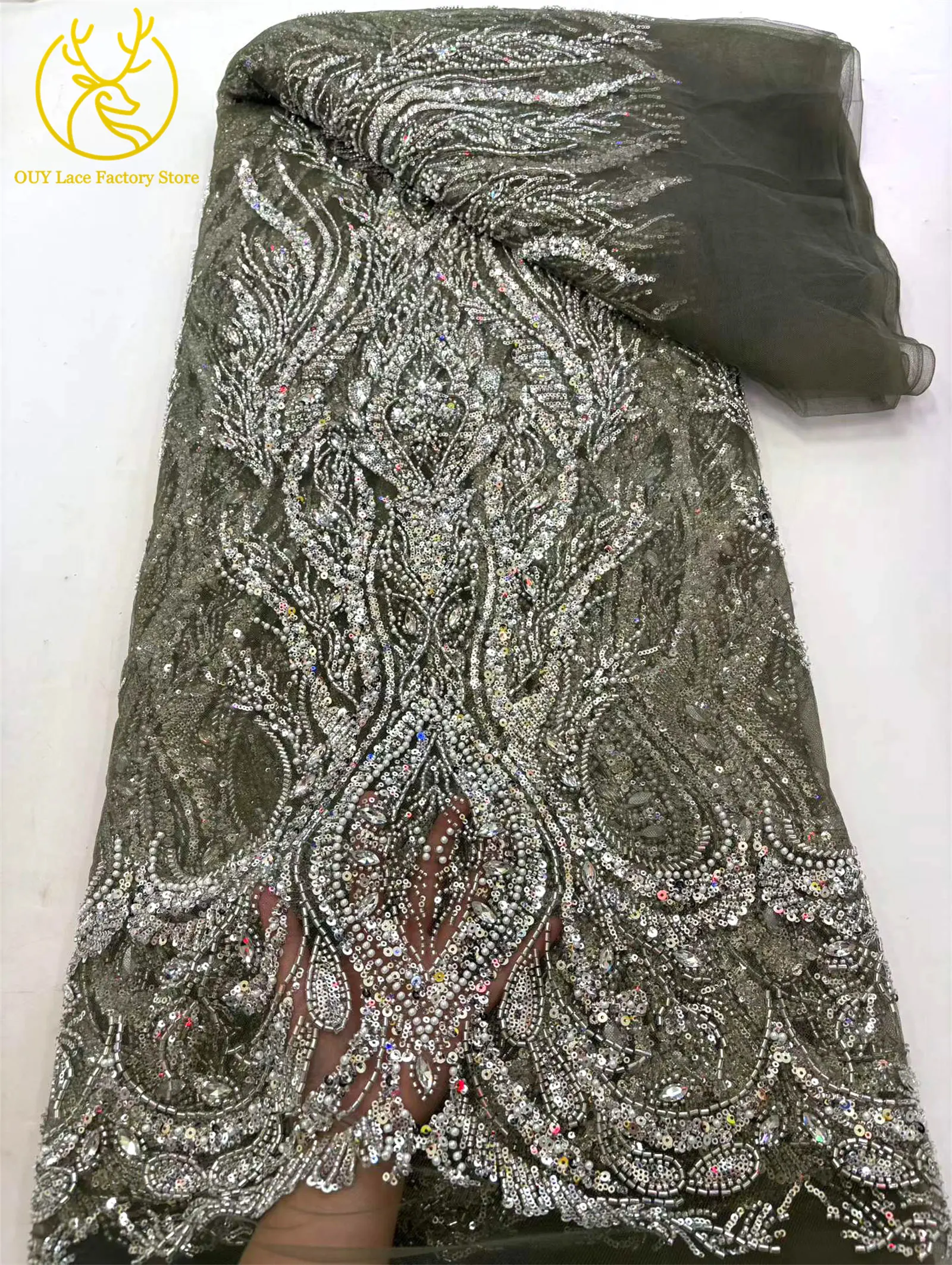 Luxuriöser Brautkleid-Spitzenstoff mit Perlen und Strass 2026 – Deluxe Afrikanische Nigerianische Pailletten-Stein-Mesh-Spitze für Damen-Partykleider zum Nähen – Detail 12