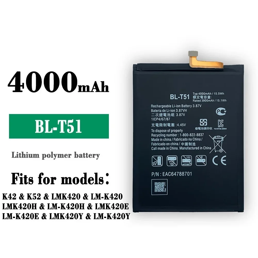 

New 4000mAh BL-T51 Battery for LG K42 K52 LMK420 LM-K420 LM-K420H LM-K420E LM-K420Y Mobile Phone Batteries + FREE TOOLS