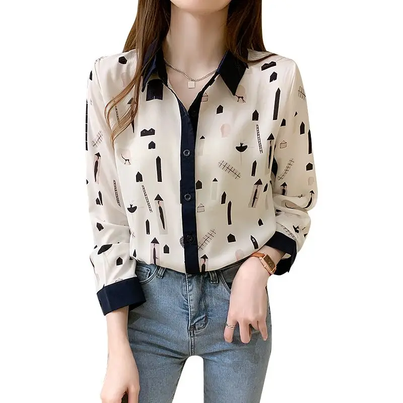 Autumn New Versatile Temperament Loose Color Block Printed Long-sleeved Personalized Shirt Bottoming Women Shirt Elegant Top