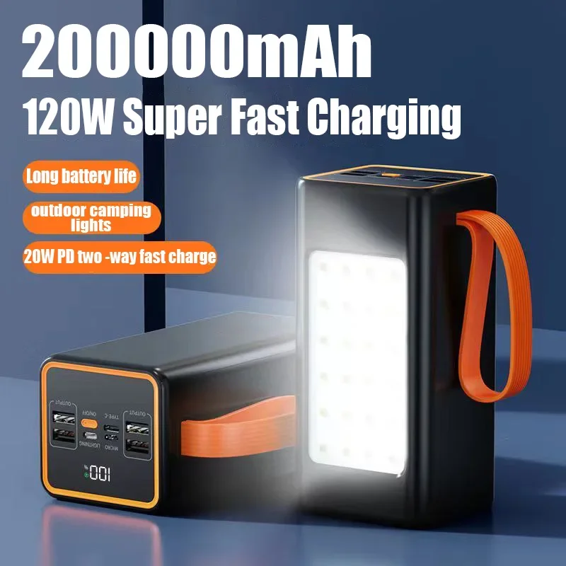 

PowerBank 200000mAh Two-Way 120W Fast Charging Powerbank Portable Charger Type-C for IPhone 14 13 W/ LED Light External Battery