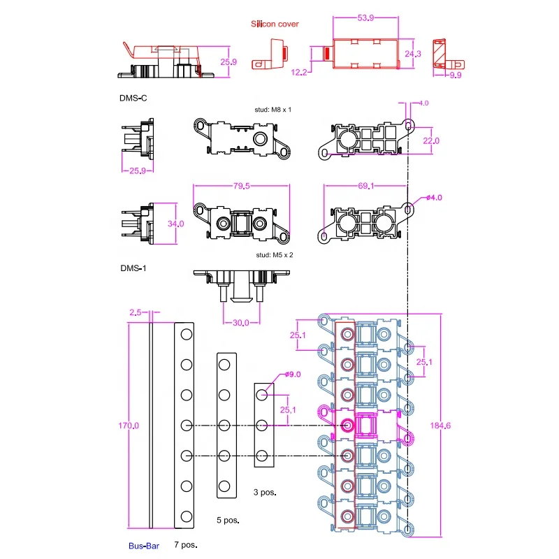 1 to 7 Way EL MIDI AMI DMS Auto Fuses Holder BDFS/ ANS Bolt-on Power Distribution Fuses Holder