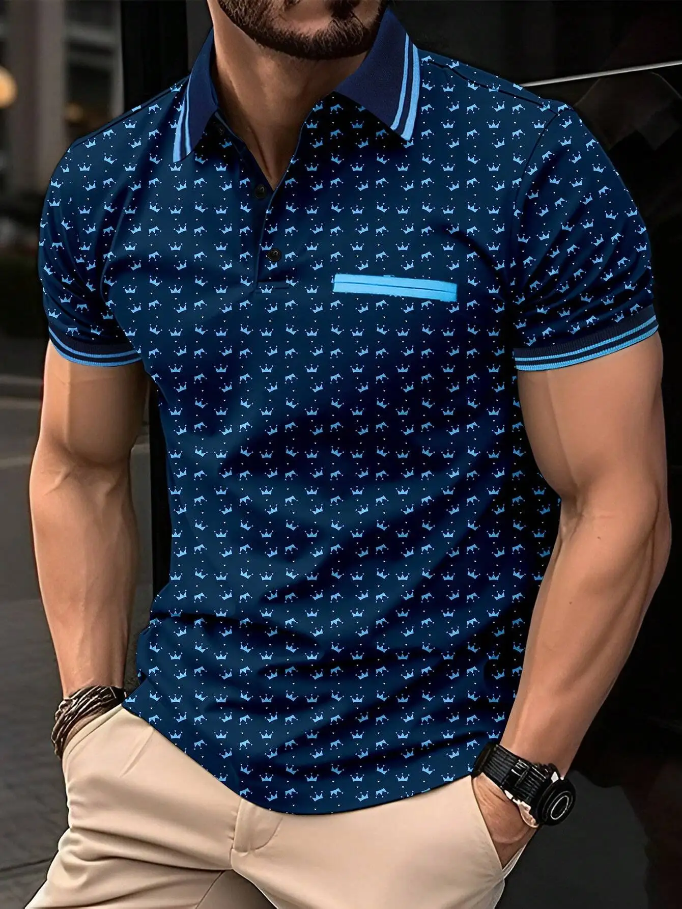 

Men's Navy Blue Crown Pattern Short Sleeve Business Casual Polo Shirt