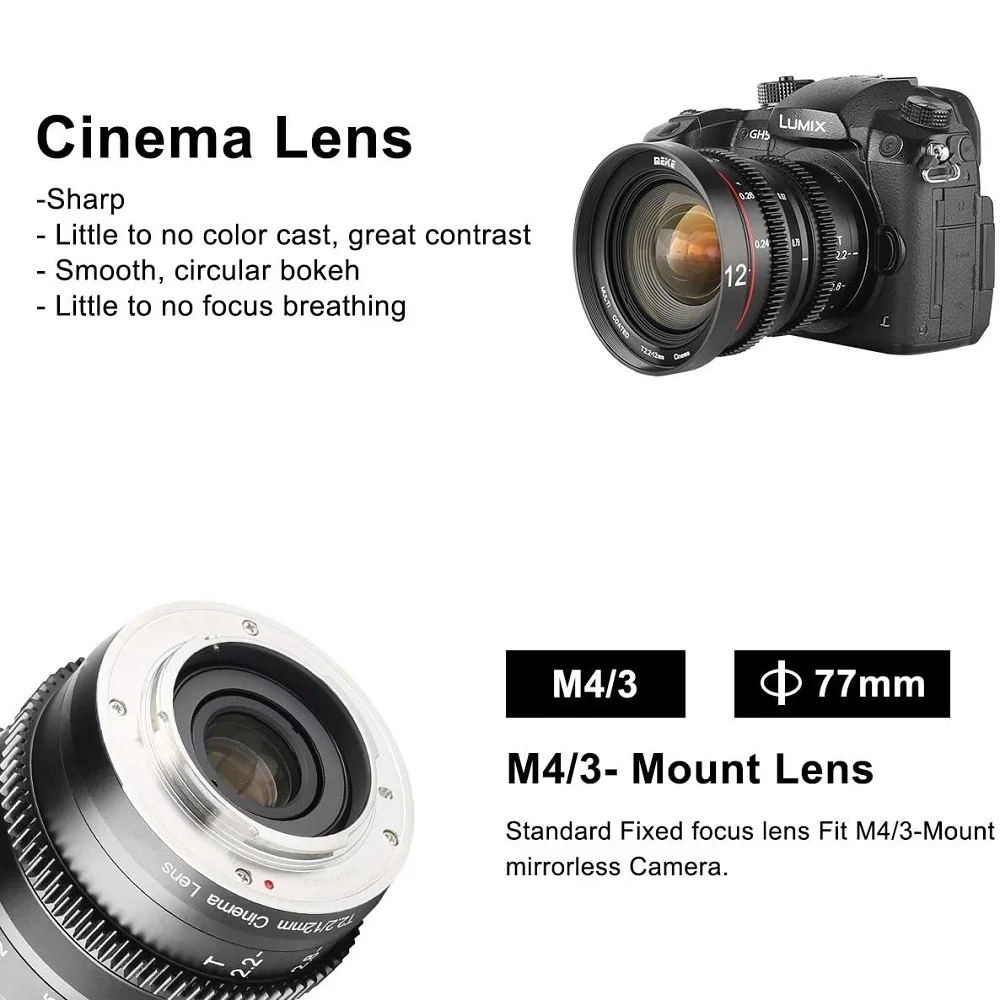 Meike 12 مللي متر T2.2 عدسة سينما ثابتة بزاوية واسعة لباناسونيك لوميكس M4/3 مايكرو أربعة ثريدز MFT جبل كاميرات BMPCC 4K Zcam E2 #4