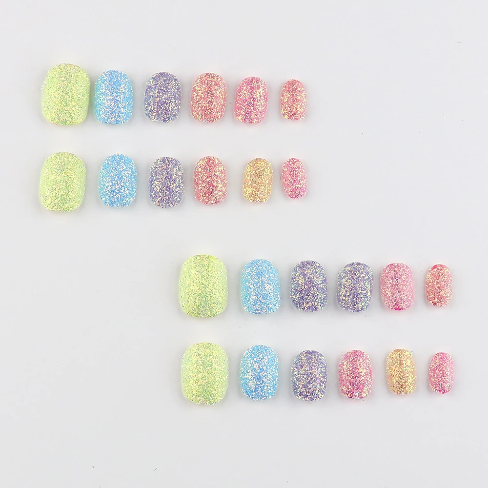 24 Pcs Holographic False Nail Art Tips Pre-glue Sparkling Glitter Kids Press on Nails Short Oval Full Cover Fake Nails for Girl