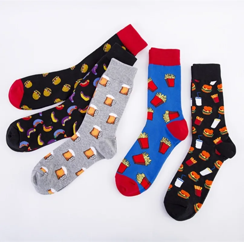 New for 2020 Big Size Cartoon Men\'s Socks Cotton with Beer Burger Happy Socks for Men Meias 51401