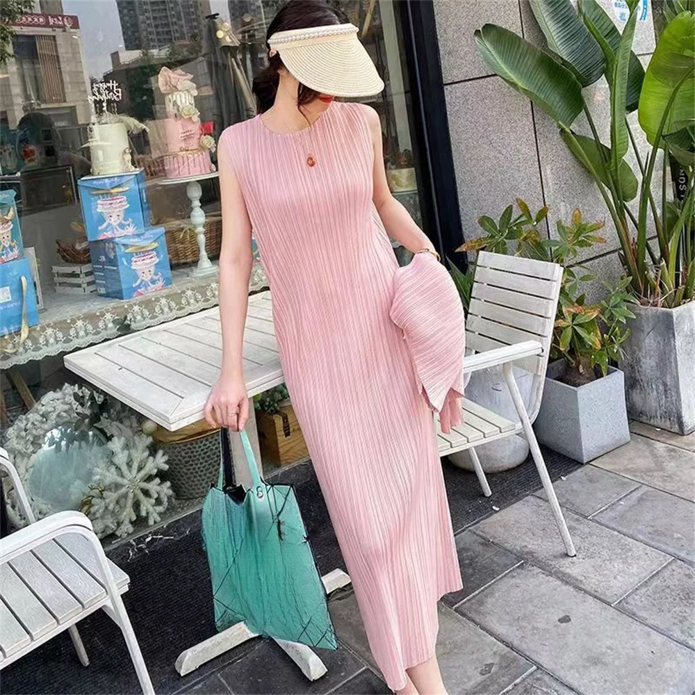 Multi Color Solid Slim Dress O-Neck Sleeveless Straight Dress Elegant Chic Trend Women Office Lady Basic All-Match Dress Summer