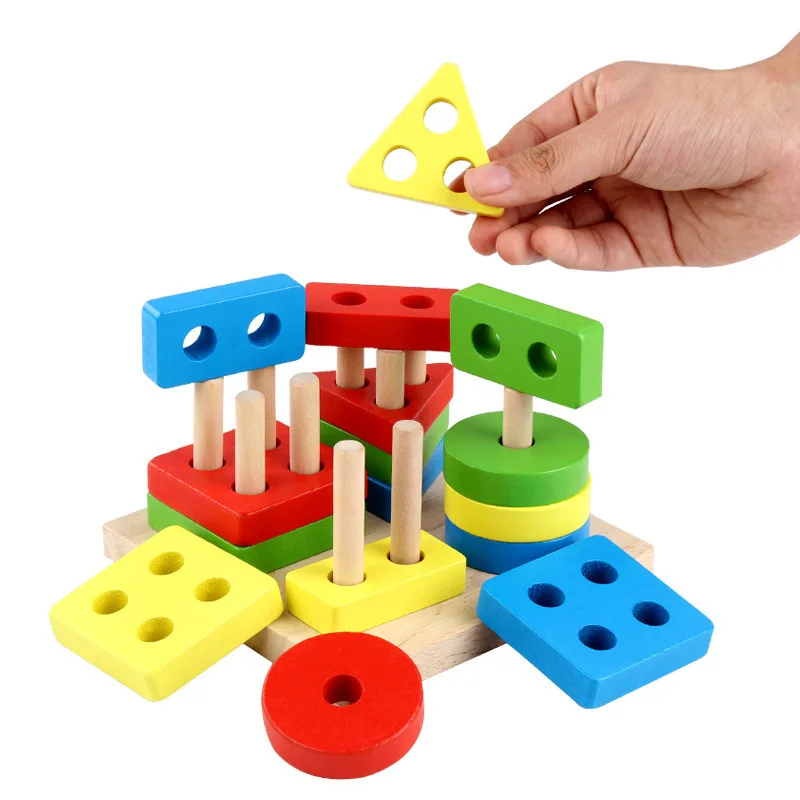 Montessori Wooden Educational Toys for Children 1 2Y Baby Shape Color Sorter Block Puzzles Toddler Large Geometric Stacking Toys