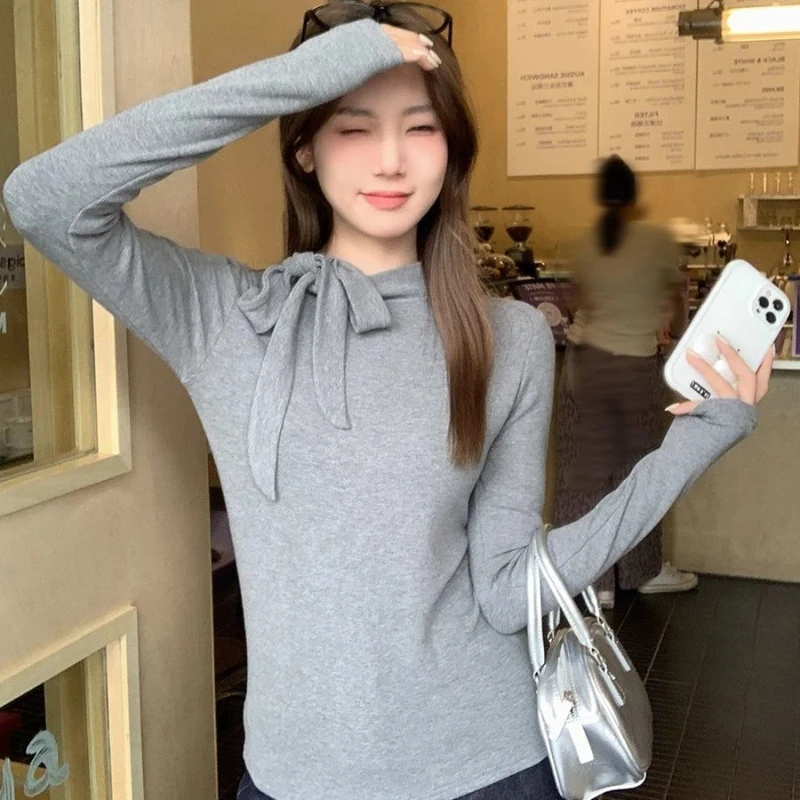 Temperament Bandage Solid Simplicity Long Sleeve Tops Women Clothing All-match Youth Korean T Shirts Fashion Trend Spring Autumn