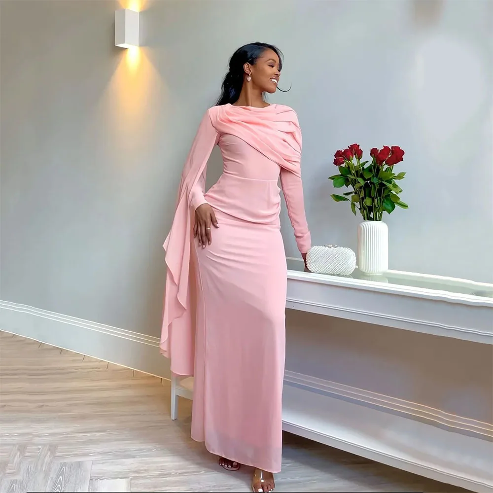 Pink Chiffon Arabic Dubai Women Party Dresses Long Sleeves Pleated Sheath Floor Length Formal Prom Dress Evening GownsCL-551