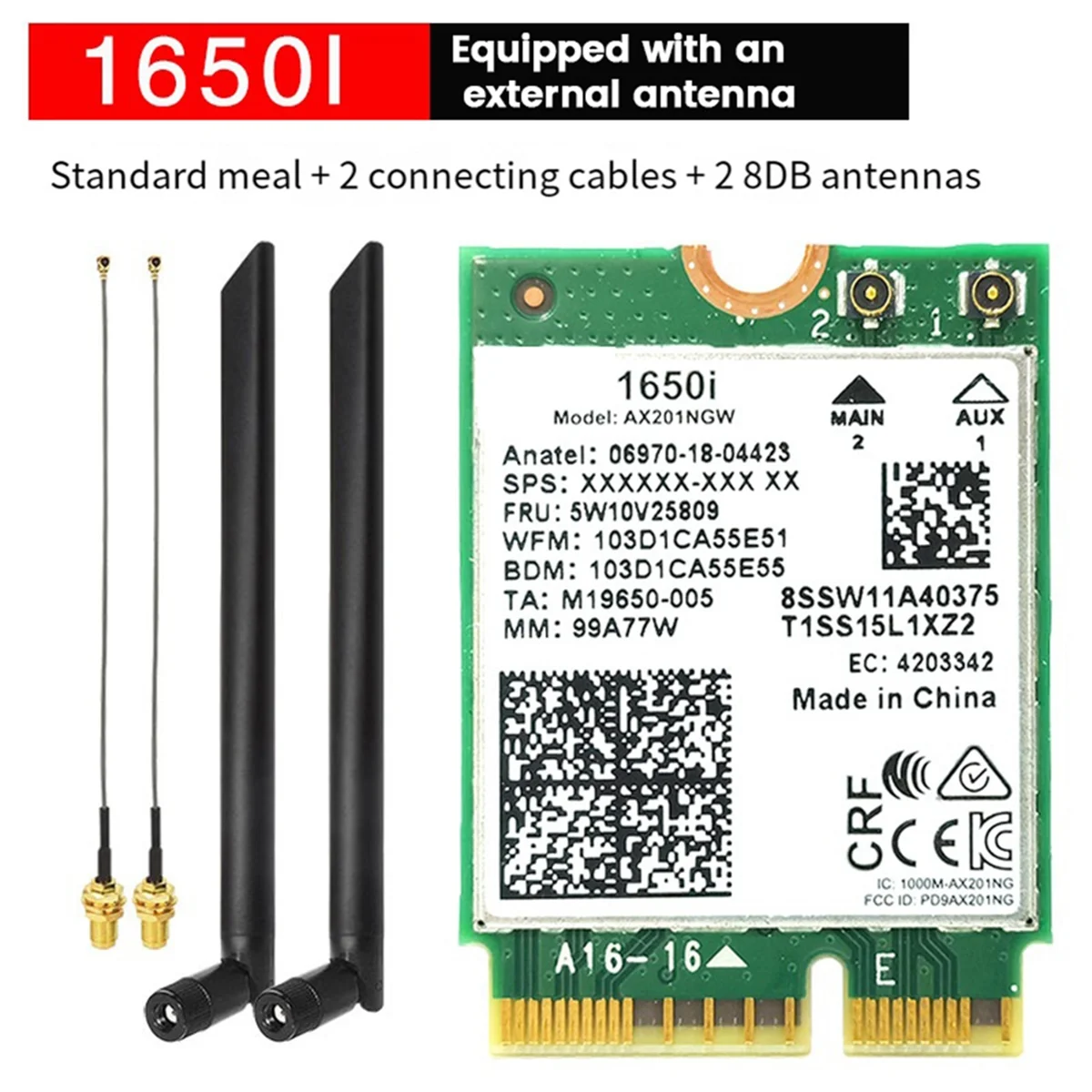 1650i AX201NGW WiFi Card+2x8DB Antenna 3000Mbps WIFI6 2.4G/5G Cnvio2 Bluetooth 5.1 WiFi Adapter for Win10/Win11