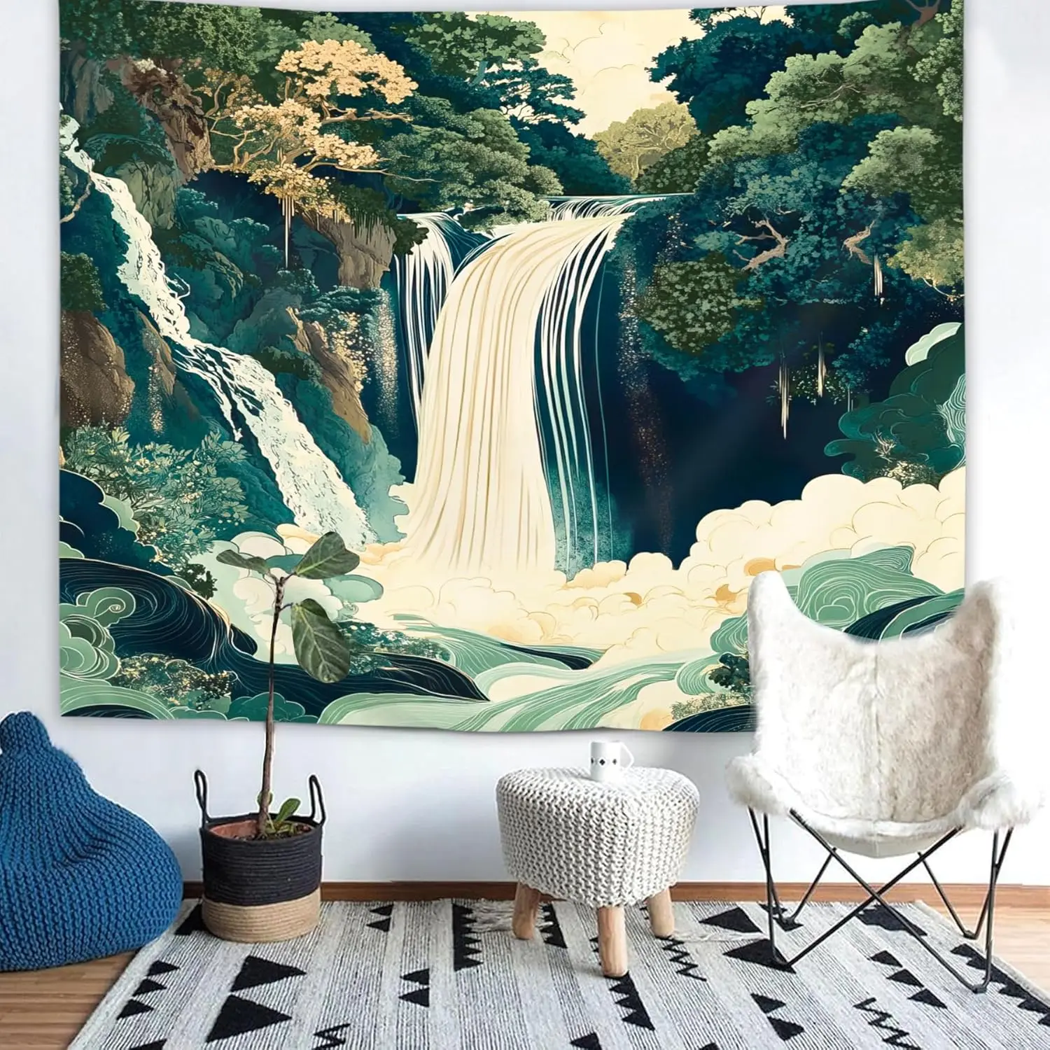 Abstract Waterfall Green Forest Tapestry Wall Hanging Japanese Nature Scenery Landscape Ukiyo-e Aesthetic Bedroom Living Room