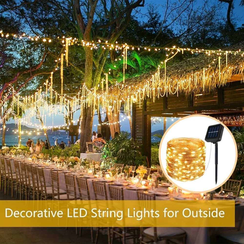 1 szt. 100 LED Lampki druciane na druciku miedzianym, zasilane energią słoneczną, 8 trybów świecenia, odpowiednie na wesela, do wnętrz, na festiwale, do sypialni