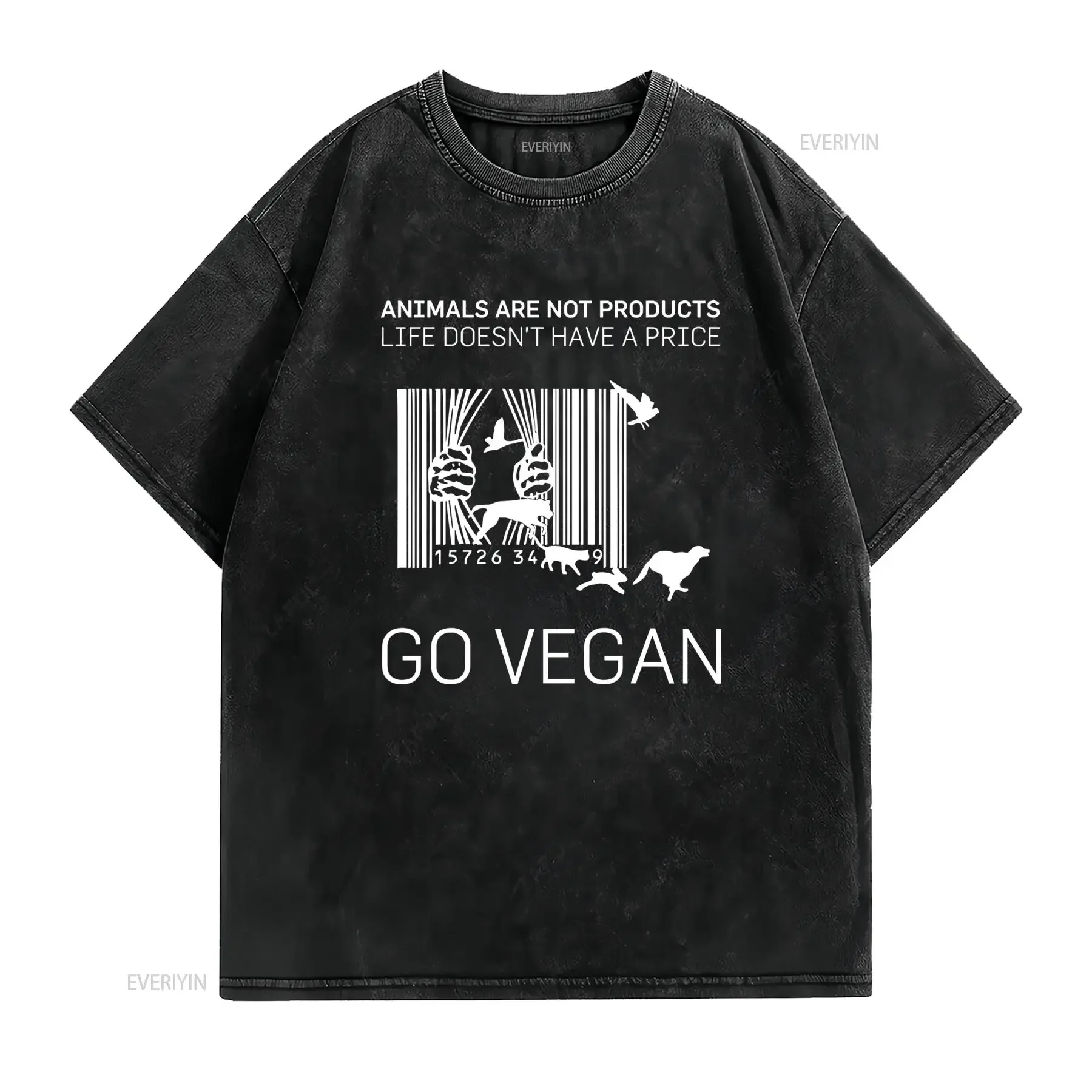 Streetwear Go Vegan Animal Rights Barcode Print Casual T Shirt vintage Washed Breathable Slightly graphic homme Versatile