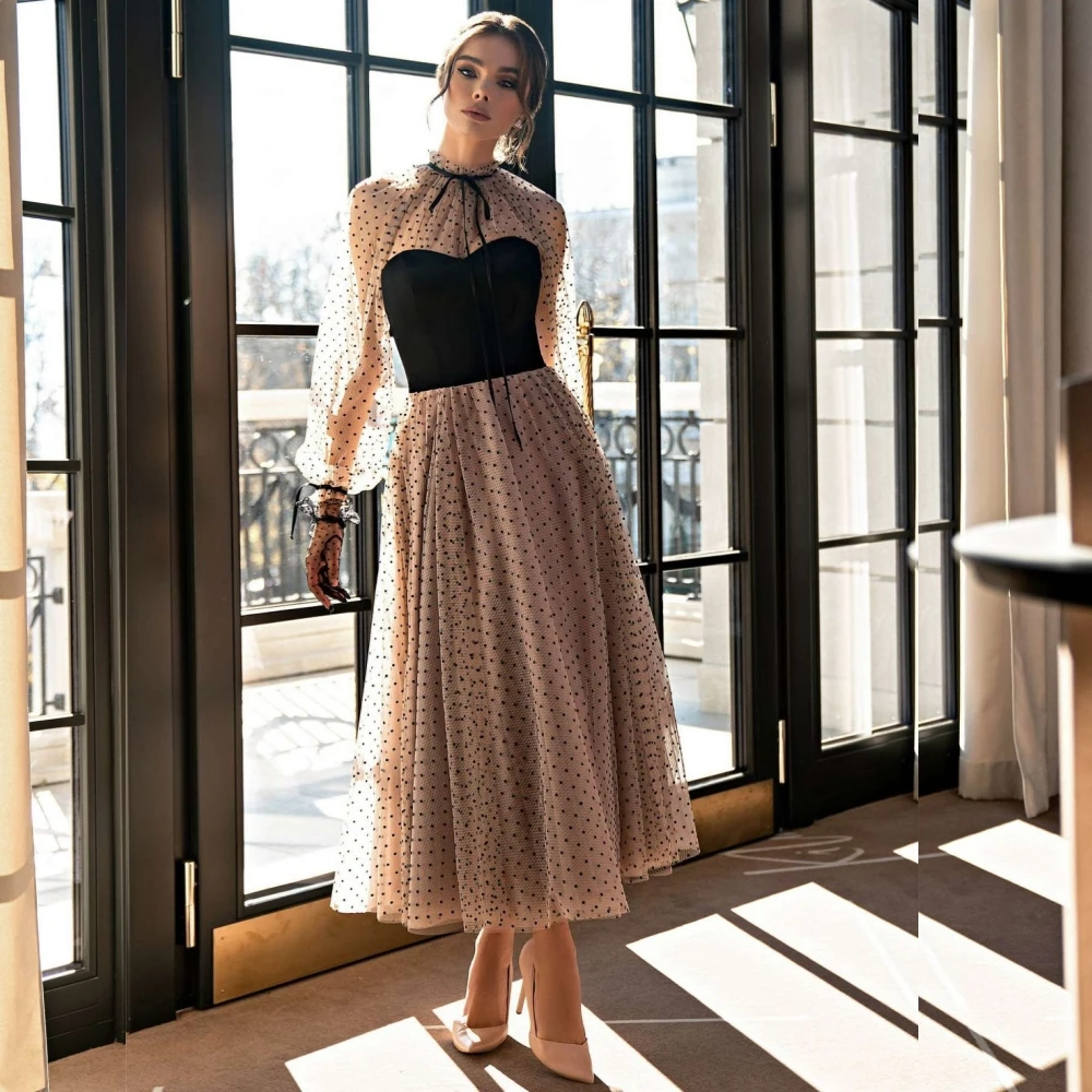 Customized Tulle Pleat Bow A-line High Collar Midi Dresses Evening Dresses Sizes Available Exquisite Intricate Classic Formal