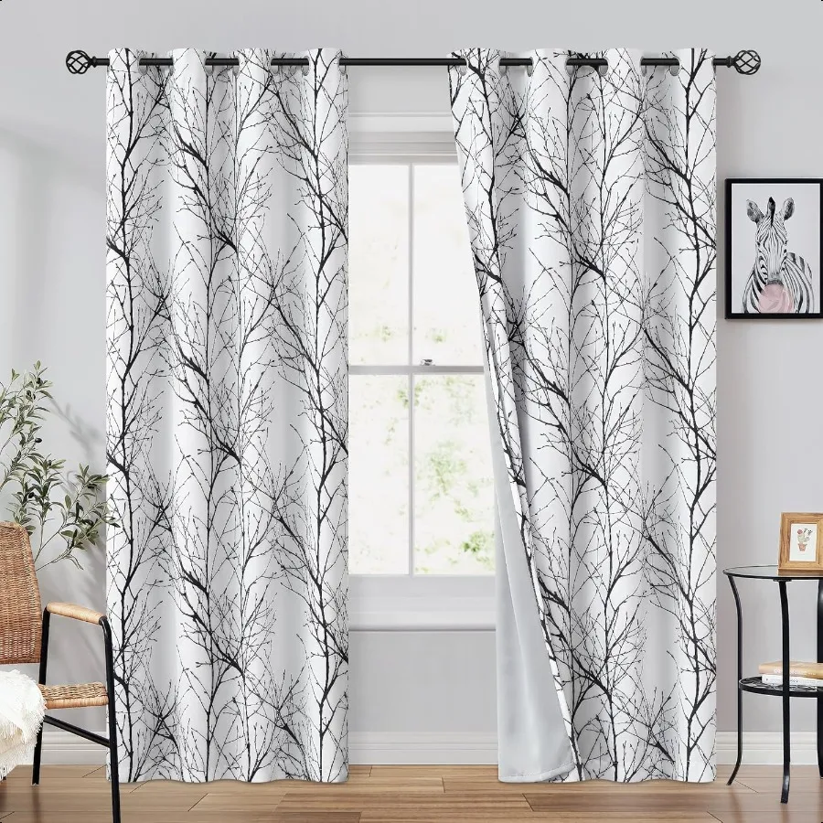

100 Blackout Curtains White Black Tree Liner Curtains for Bedroom Branch Partterned Curtains 84 inches Long for Living Room Roo