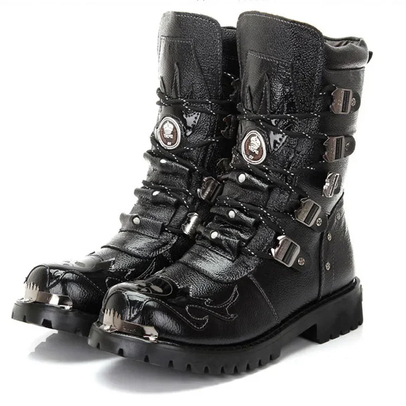 Zimowe męskie buty motocyklowe nowe modne buty Punk Rock Punk do połowy łydki męskie prawdziwe skórzane czarne wysokie buty męskie na co dzień 38-46