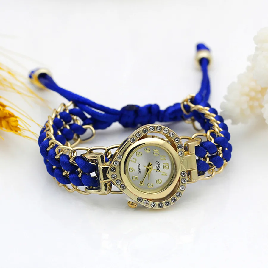 Loving Heart Gold Women Dress Watch New Ladies Hand-knitted Wristwatch Color Sparkling Rhinestone Fabric Clock Sweet Girl Watch