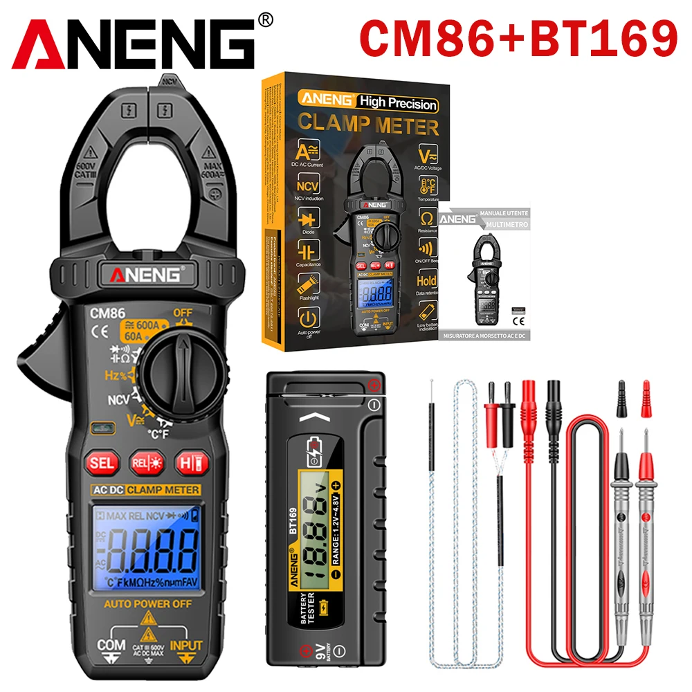 ANENG Stroomtang Multimeter Digitaal 600A AC/DC Stroom Spanning Diode Tester CM86+BT169 Universele Batterij Professionele Detector