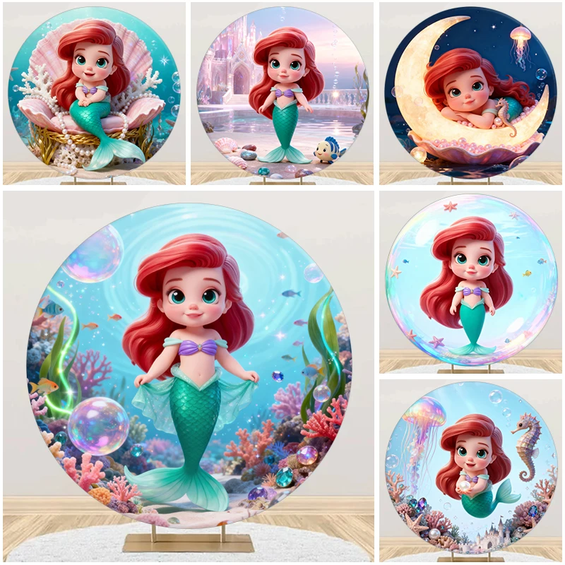 

Baby Ariel Round Background Disney Pricess Kids Girl 1st Birthday Party Baby Shower Underwater World Round Photography Backdrop